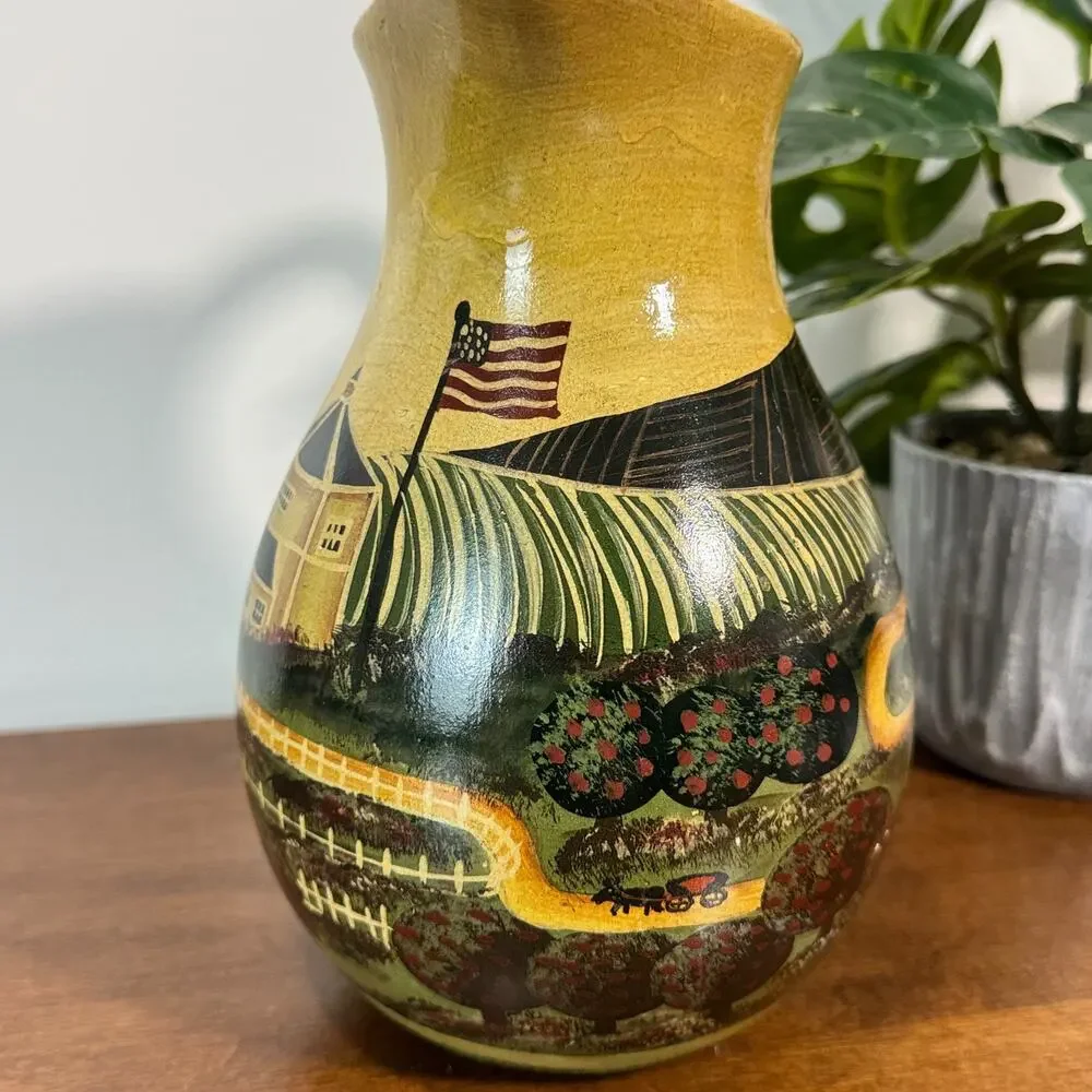 Vintage Colonial Scene Country Pitcher Vase Hand painted Ceramic